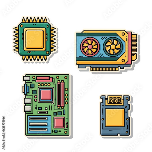 Vector Illustration of Computer Hardware Components in Modern Flat Style with Bright Colors
