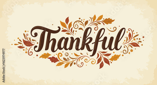 Vector Illustration Thankful Text with Autumn Leaves Decorative Design in Vintage Style