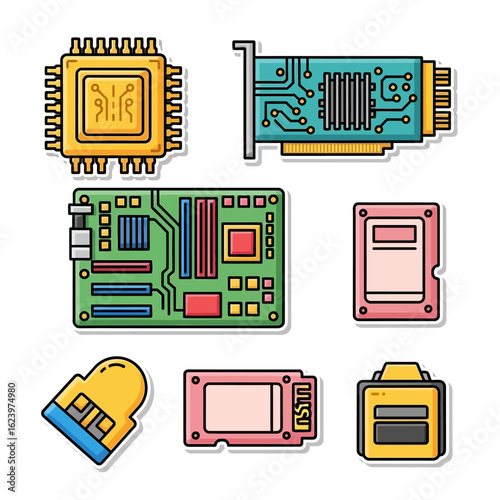 Vector Illustration of Computer Hardware Components in Modern Color Palette