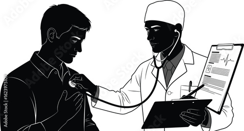 Vector art of a doctor is using a stethoscope to examine a patients heart in a medical checkup, isolated on white background