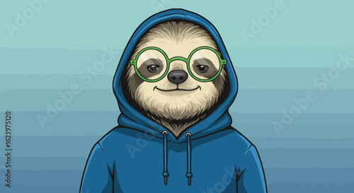Vector Illustration of Sloth Character in Hoodie with Glasses in Modern Cartoon Style for Children's Fashion and Digital Media