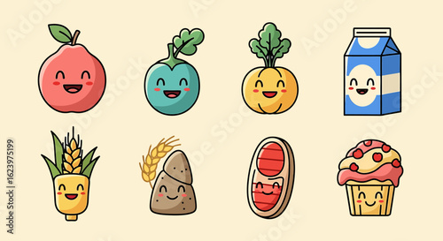 Vector Cartoon Food Characters Illustration with Cute Expressive Fruits and Vegetables in Whimsical Style Bright Colors