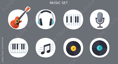 Vector Music Set Collection of Iconic Audio Equipment in Flat Modern Style with Bright Colors