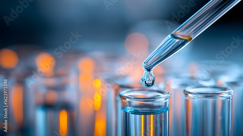 Close-up macro shot of scientific pipette dropping blue liquid into test tube in medical research lab with bokeh light effect, Ideal for use in biotech, pharmaceutical, chemical research.