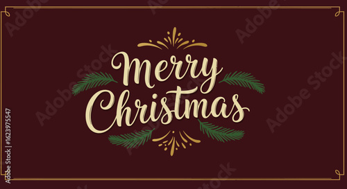 Vintage Christmas Card Vector Illustration with Elegant Script Text and Pine Branches in Classic Holiday Colors
