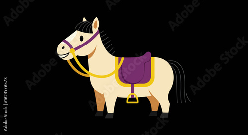 Vector Cartoon Pony Illustration with Decorative Saddle in Playful Whimsical Style Bright Colors