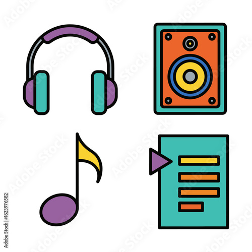Vector Music Equipment and Audio Icons Collection in Flat Style with Bright Colors
