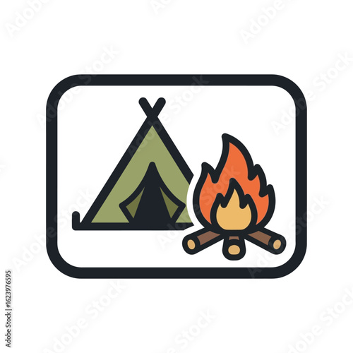 Vector Camping Tent and Campfire Icon in Minimalist Style for Outdoor Adventure Design