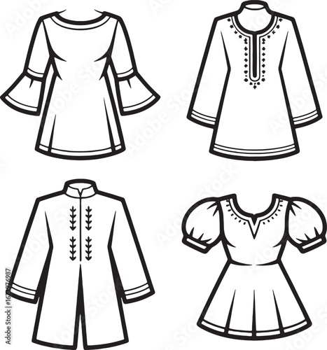 Four black and white clothing illustrations apparel garments