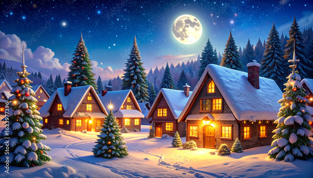 Fototapeta premium Peaceful Snowy Village at Night with Glowing Cozy House.