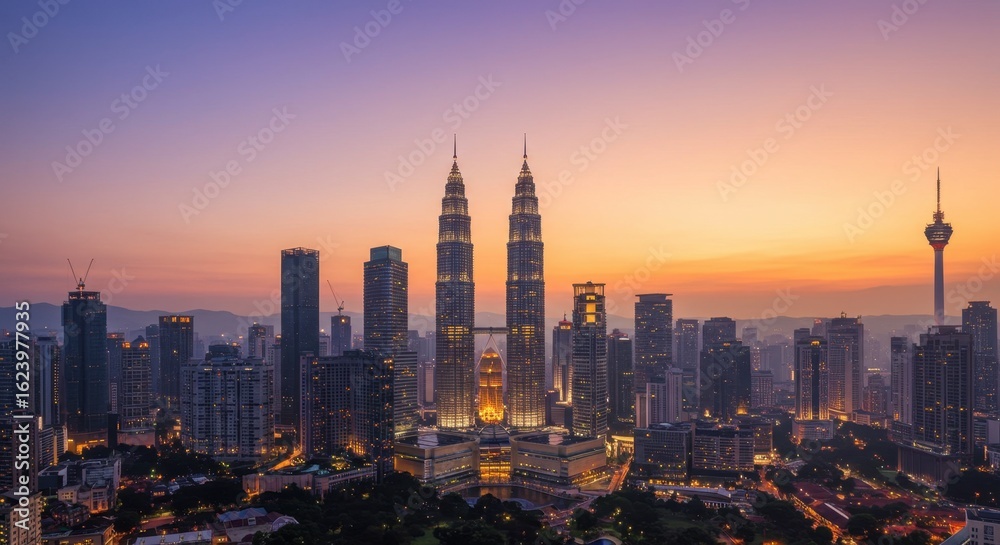 Obraz premium Majestic Kuala Lumpur Skyline at Sunrise: A Panoramic View of Petronas Towers and Cityscape