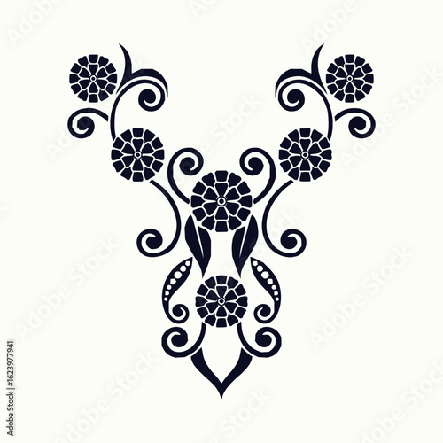 Stylized floral design with symmetrical arrangement of blossoms leaves and swirling decorative elements in black