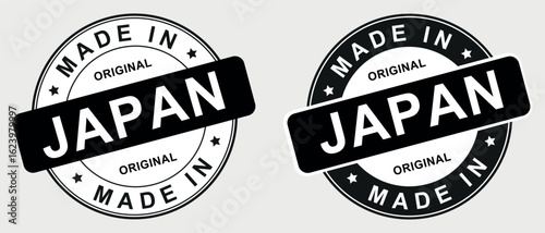 black made in japan original stamp labels with round shape on light background in badge design	