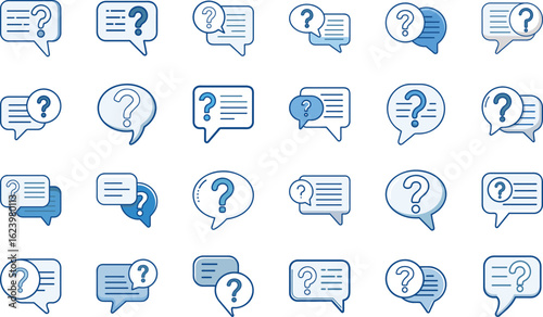 Collection of question mark speech bubbles in different arrangements with blue and white colors