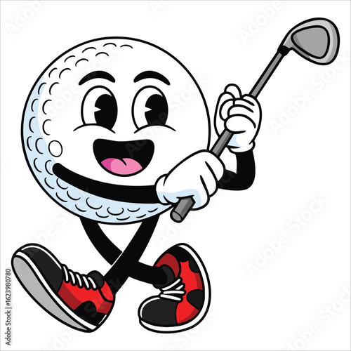 Walking golf ball carrying a golf club cartoon character mascot illustration vector clip art hand drawn logo design perfect for sports and branding projects.