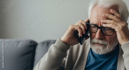 Worried Elderly Man Receives Emergency Phone Call: A Senior’s Concern about Health and Safety in Stressful Times
