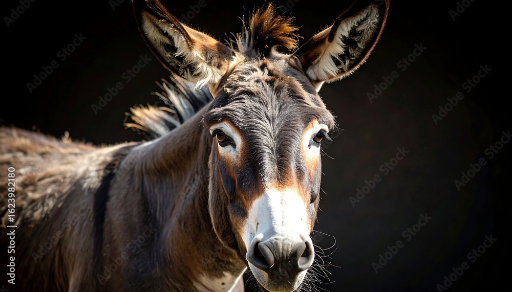 Fototapeta premium Close-up donkey portrait, dark background