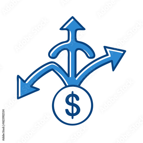 An illustrative image depicting investment or financial diversification, featuring a dollar sign at the center and arrows pointing in different directions.