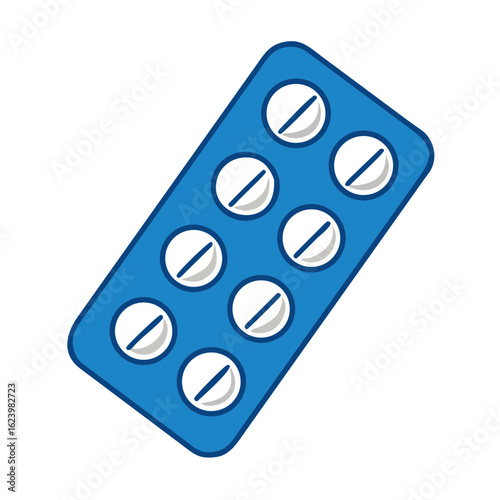 A close-up image of a blue blister pack containing white medicine tablets, symbolizing healthcare, medical treatment, and pharmaceutical products.