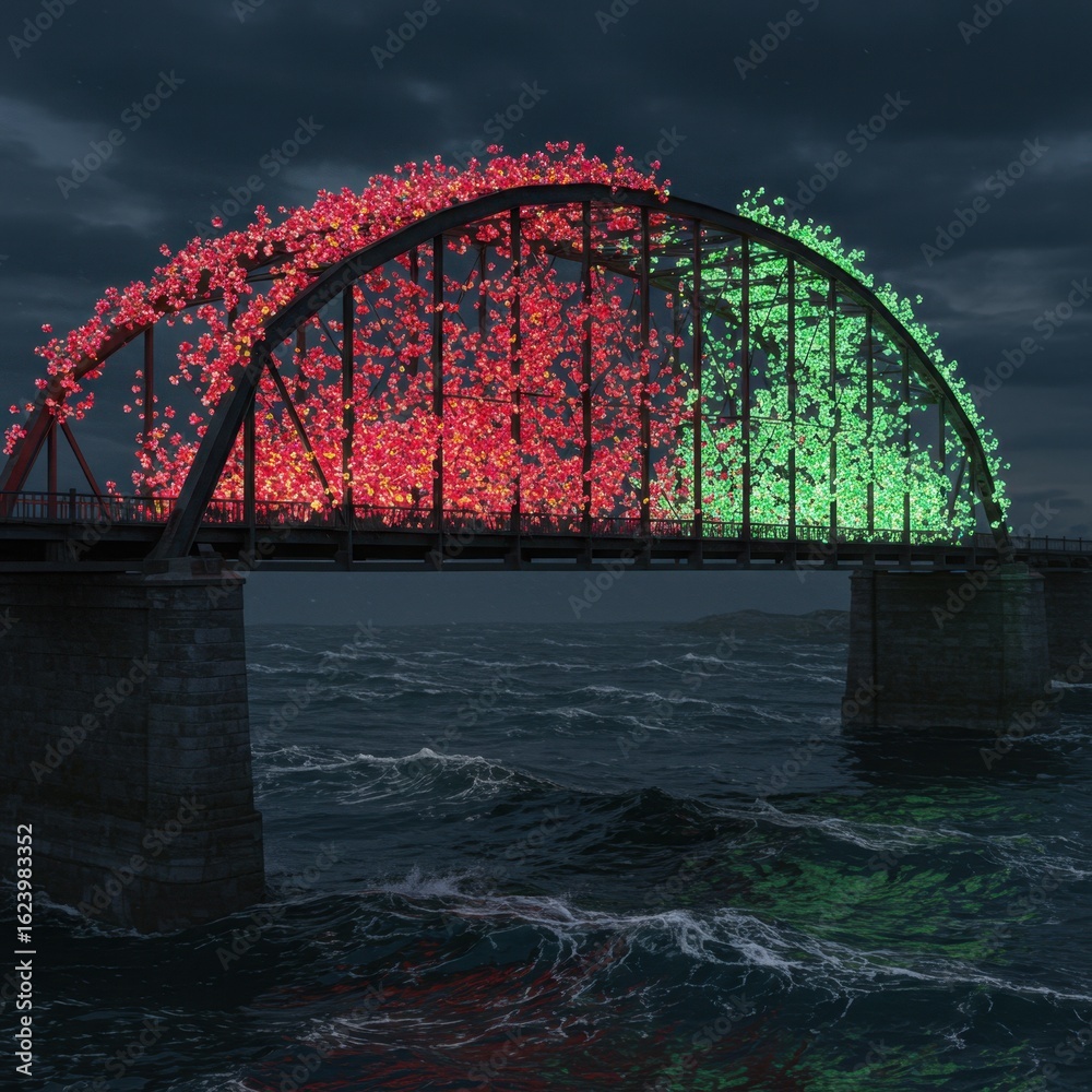 Obraz premium Stunning Night View of a Bridge Drenched in Colorful Lights Over Water with Nature's Touch