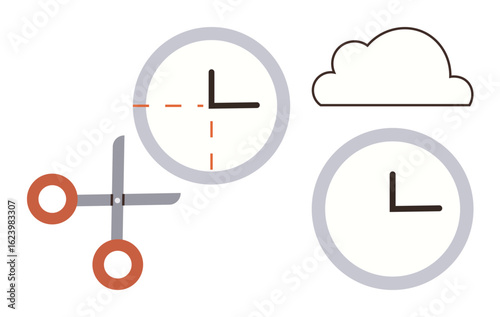 Scissors cutting circular clock, dashed lines indicating division, next to cloud outline and uncut clock. Ideal for time management, productivity, scheduling, planning, cloud storage, deadlines