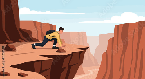 Adventurous Traveler Exploring Grand Canyon Landscape With Backpack And Dramatic Cliffs