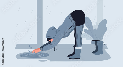Apathetic Woman Touches Water Puddle Reflection In Rainy Day Illustration