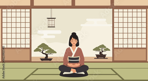 Asian Woman Practices Mindfulness Meditation In A Tranquil Japanese Room