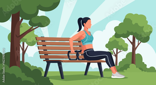 Athletic Woman Performing Dips On Park Bench During Outdoor Workout Session