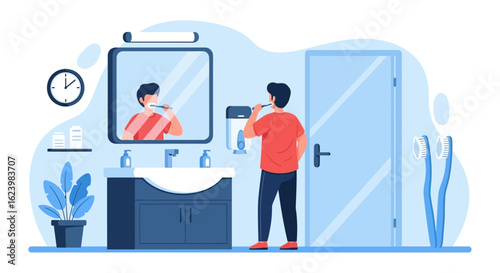 Daily Oral Care Hygiene Routine Illustration Of Young Man In The Bathroom