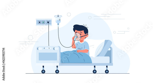 Boy Is Getting Treatment By An Oxygen Mask During Hospitalization Period