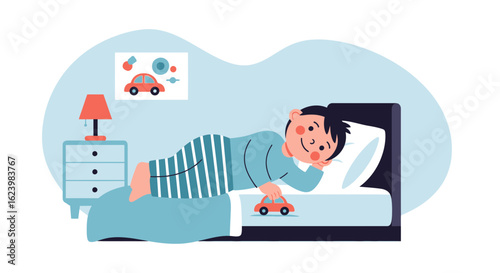 Boy Lying On Bedtime Dreaming Of Adventures With His Toy Car Cartoon