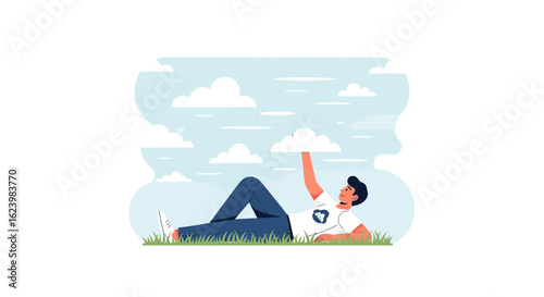 Daydreaming Man Holding Cloud Lying Down in Grass Field Under Sky