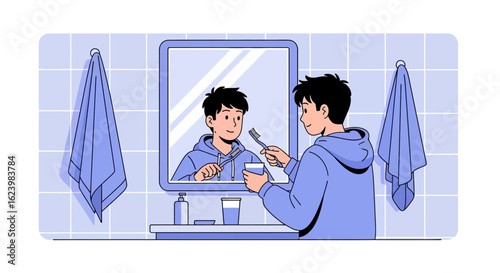 Boy Practices Daily Hygiene Routine While Brushing His Teeth In The Bathroom