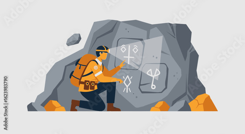 Dedicated Researcher Deciphering Ancient Rock Carvings With Headlamp In Remote Location
