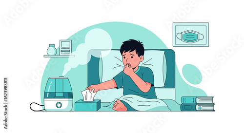 Boy Suffering From Cold Staying In Bed With Humidifier Illustration