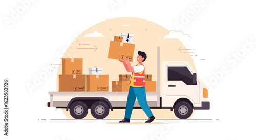 Delivery Service Man Loading Cardboard Boxes On Truck Transportation Concept