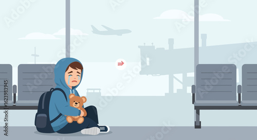 Departure Anxiety Lonely Boy Crying Hugging His Teddy Bear At Airport