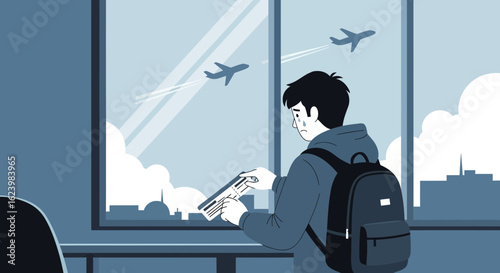 Departure Sadness Person Looking At Airplanes Leaving Airport Terminal