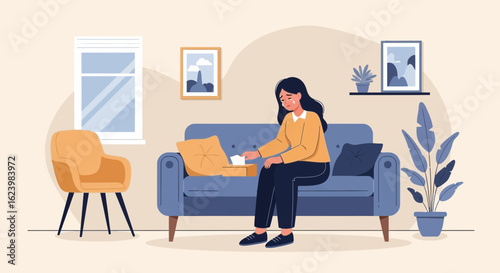 Depressed Woman Sitting On Couch With Box Of Tissues In Living Room