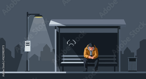Depressed Man Sits At Lonely Bus Stop Scrolling Through Phone At Night