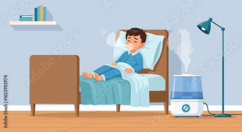 Boy With Flu Resting In Bed Next To A Humidifier For Recovery