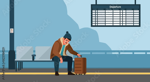 Disappointed Traveler Waiting At The Station For A Delayed Or Canceled Journey