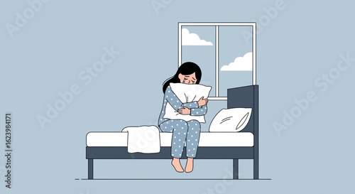 Distraught Woman Crying On Bed Embracing Pillow In Her Bedroom Sadness Scene