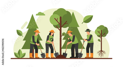 Diverse Team Planting Saplings In Forest Environment For Sustainability Project