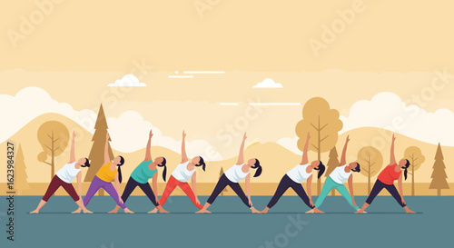 Diverse Women Practicing Triangle Pose Yoga Outdoors For Well Being And Relaxation