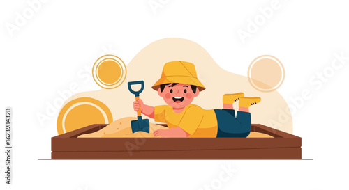 Cheerful Child Digging In Sandbox During Playtime Summer Fun