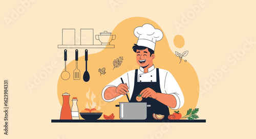 Cheerful Chef Preparing Delicious Meal In Kitchen Cooking Concept