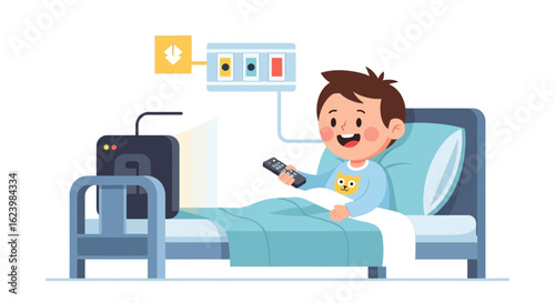 Cheerful Boy Watching Television On Hospital Bed During Treatment Recovery