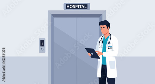 Doctor Examining Patient Records on Digital Tablet in Hospital Clinic